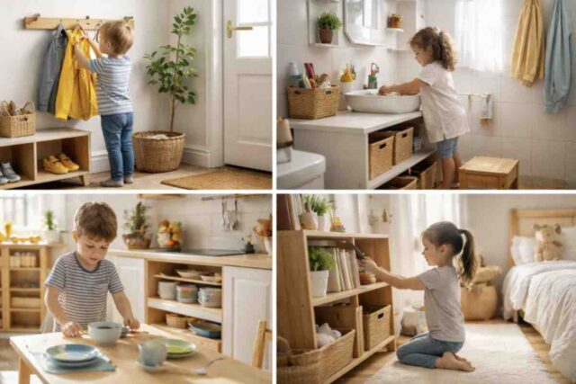 Nel bagno il principio è ancora più evidente. L’accesso agli strumenti quotidiani – spazzolino, asciugamano, sapone